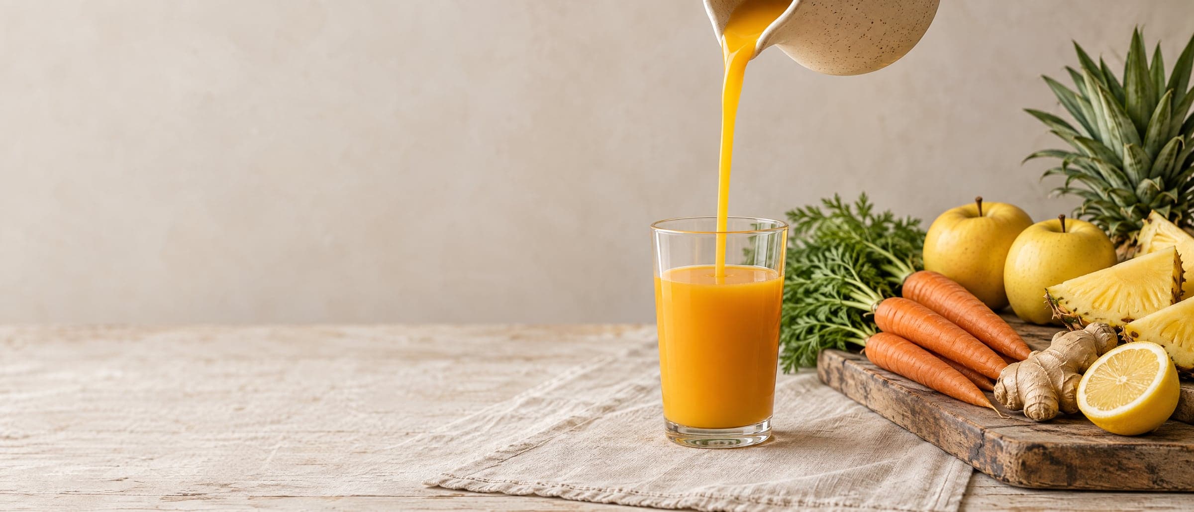 Smooth cold-pressed juice being poured from a ceramic jug into a glass, beside the carrots, apples, pineapple, ginger and lemon it is pressed from