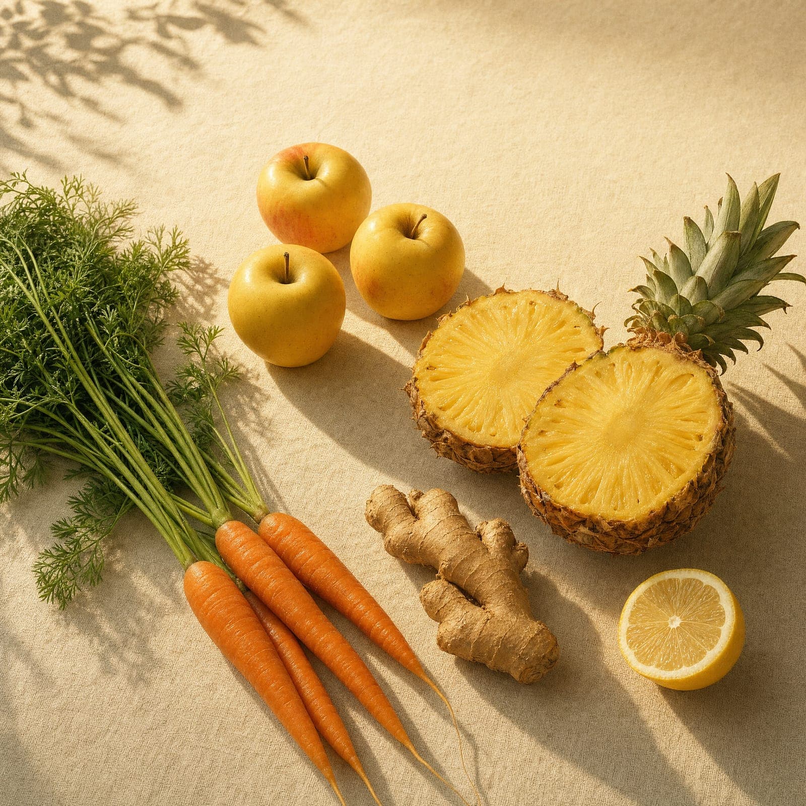 Carrots, golden apples, pineapple, ginger and lemon on linen