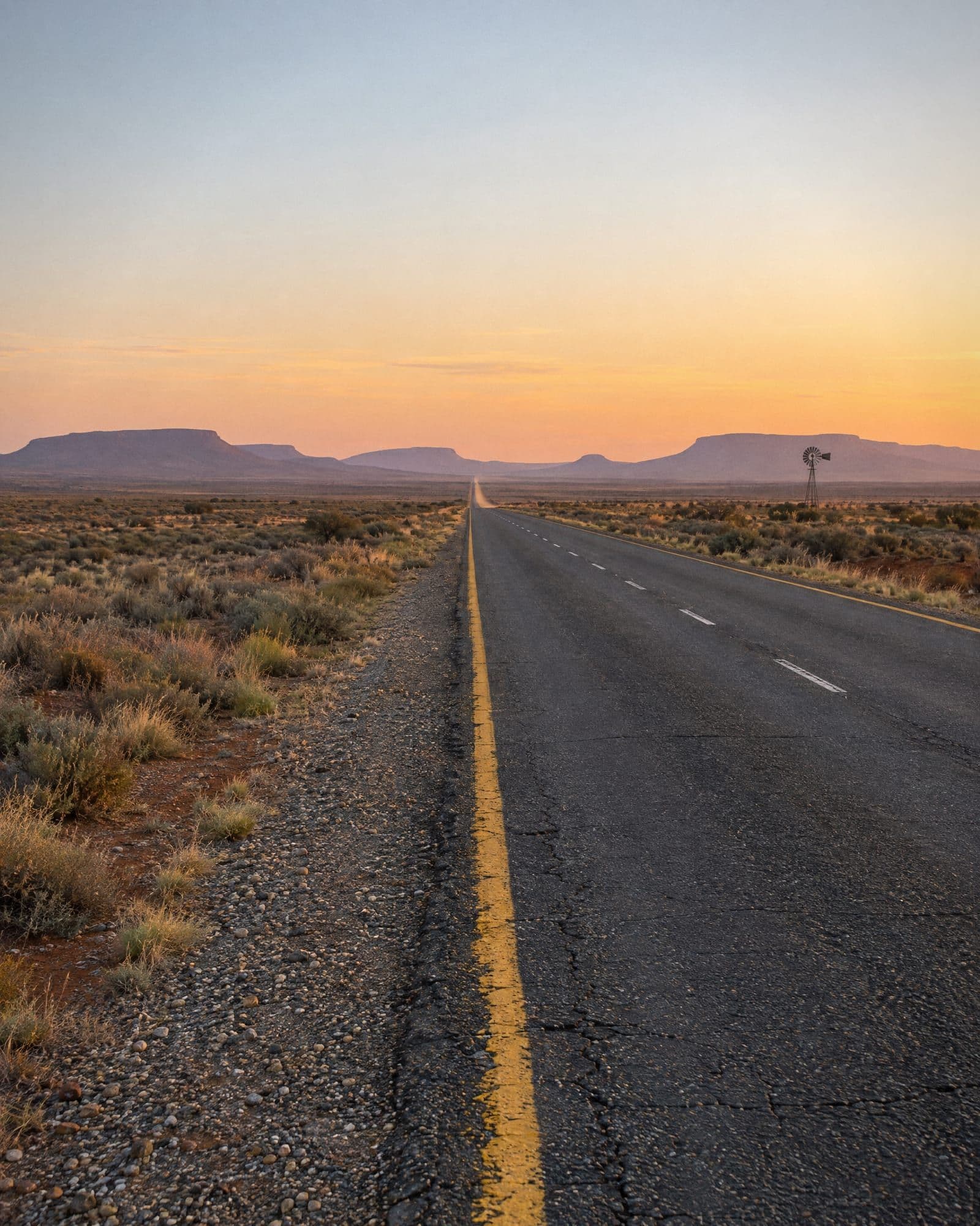 A long, straight road across the Karoo at sunset